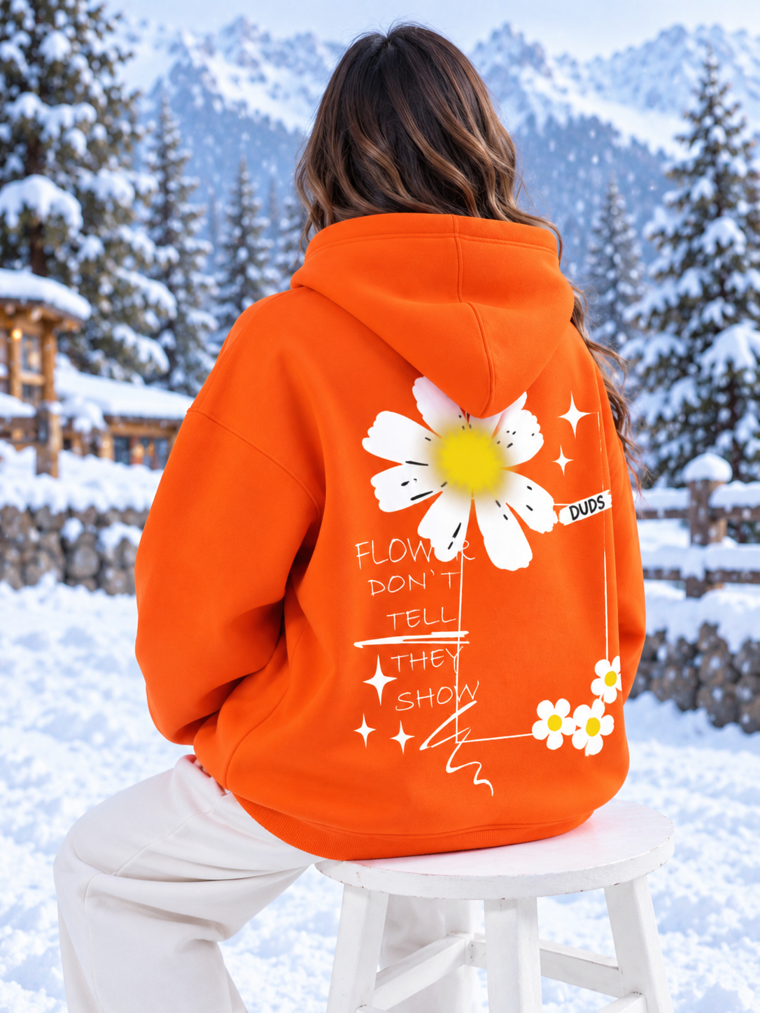 WOMEN BLOOM QUOTE FLEECE OVERSIZED HOODIE ORANGE