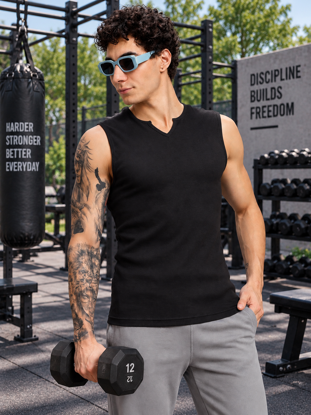 SLEEVELESS WORKOUT COTTON T-SHIRT BLACK
