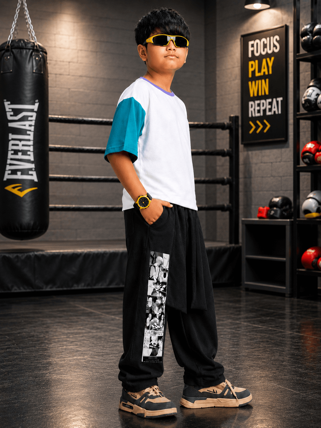 CHILL JOGGER FOR BOYS GIRLS BLACK displayed by a cool kid in workout gear with sunglasses in a boxing gym.