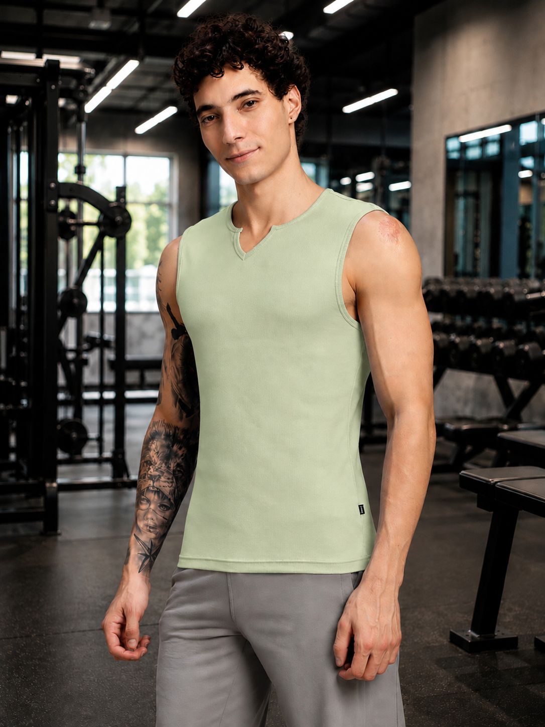 SLEEVELESS WORKOUT COTTON T-SHIRT SAGE GREEN