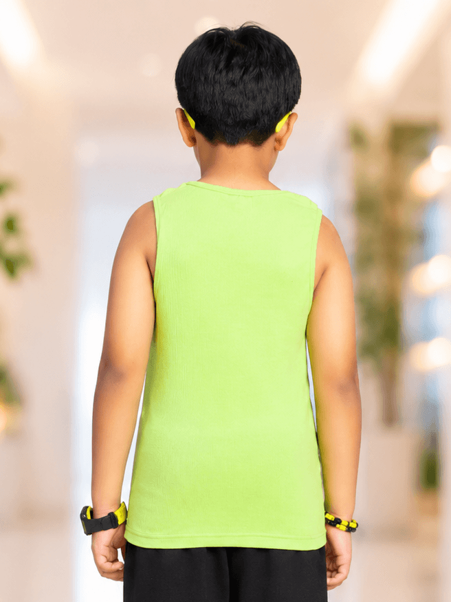EASY WEAR VEST T-SHIRT FOR BOYS GIRLS NEON GREEN shown on a child from the back, featuring a bright neon green color.