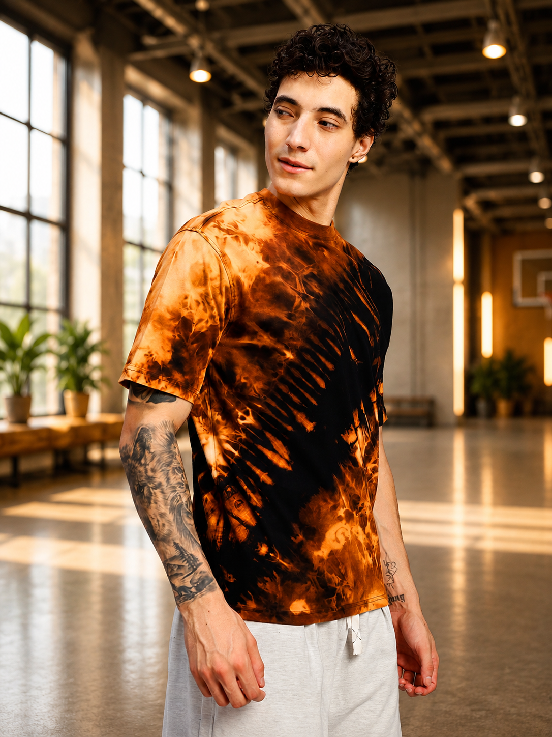 SOLAR TIE-DYE T-SHIRT BLACK FIRE ORANGE
