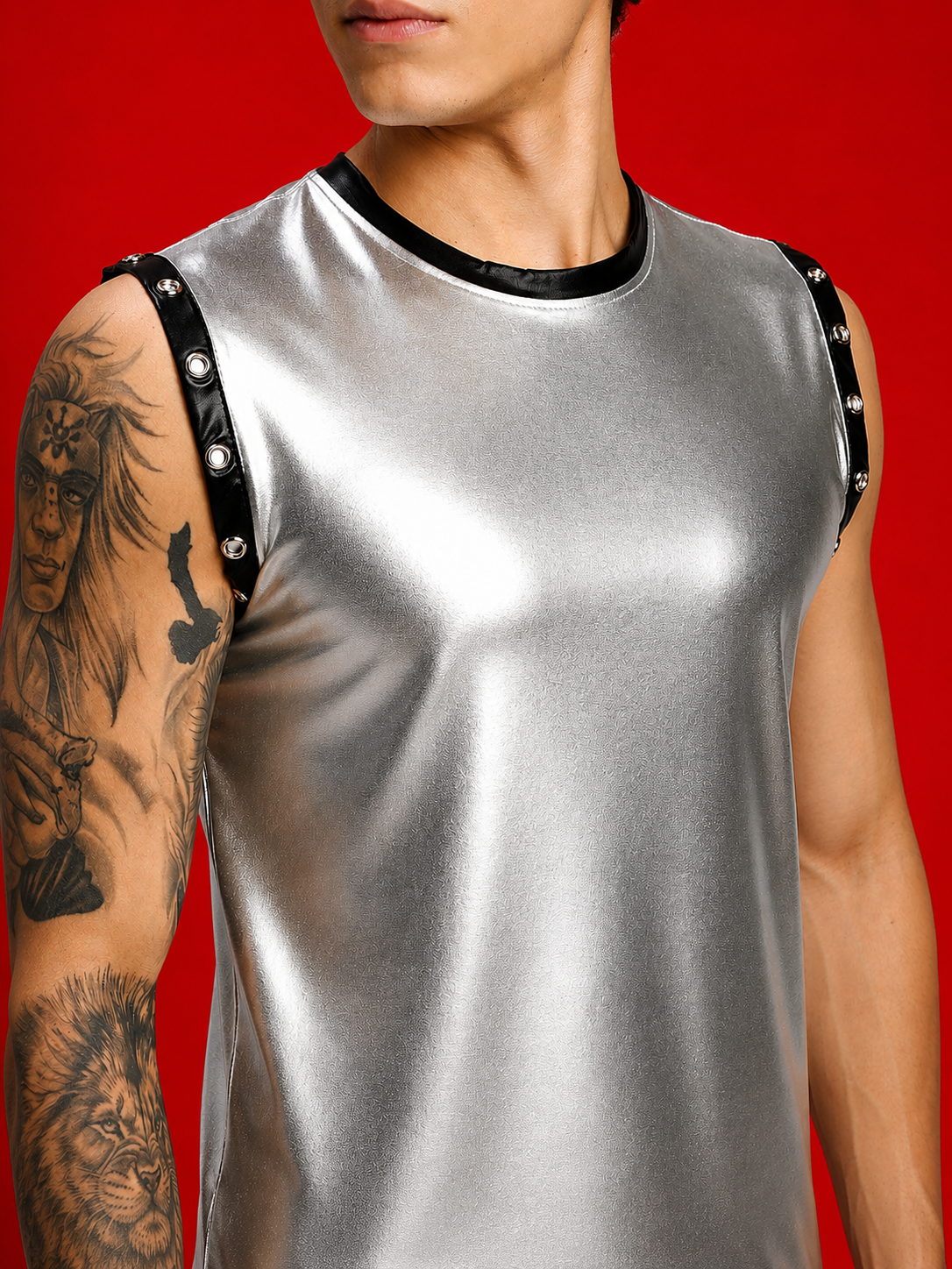 SHINY FOIL TANK SLEEVELESS GYM T-SHIRT SILVER