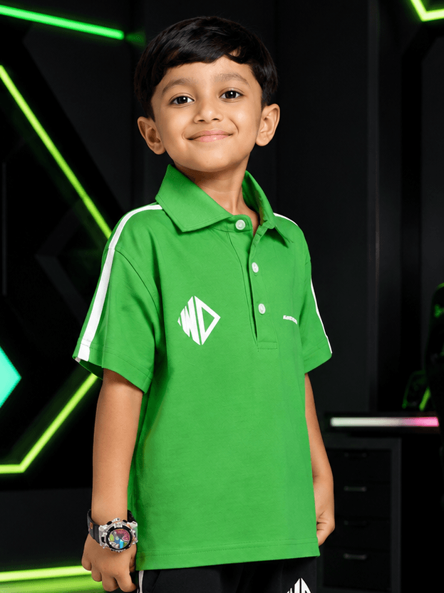 CHAMPION TRACK POLO T-SHIRT FOR BOYS GIRLS GREEN worn by a smiling boy, showcasing sporty style and vibrant color.