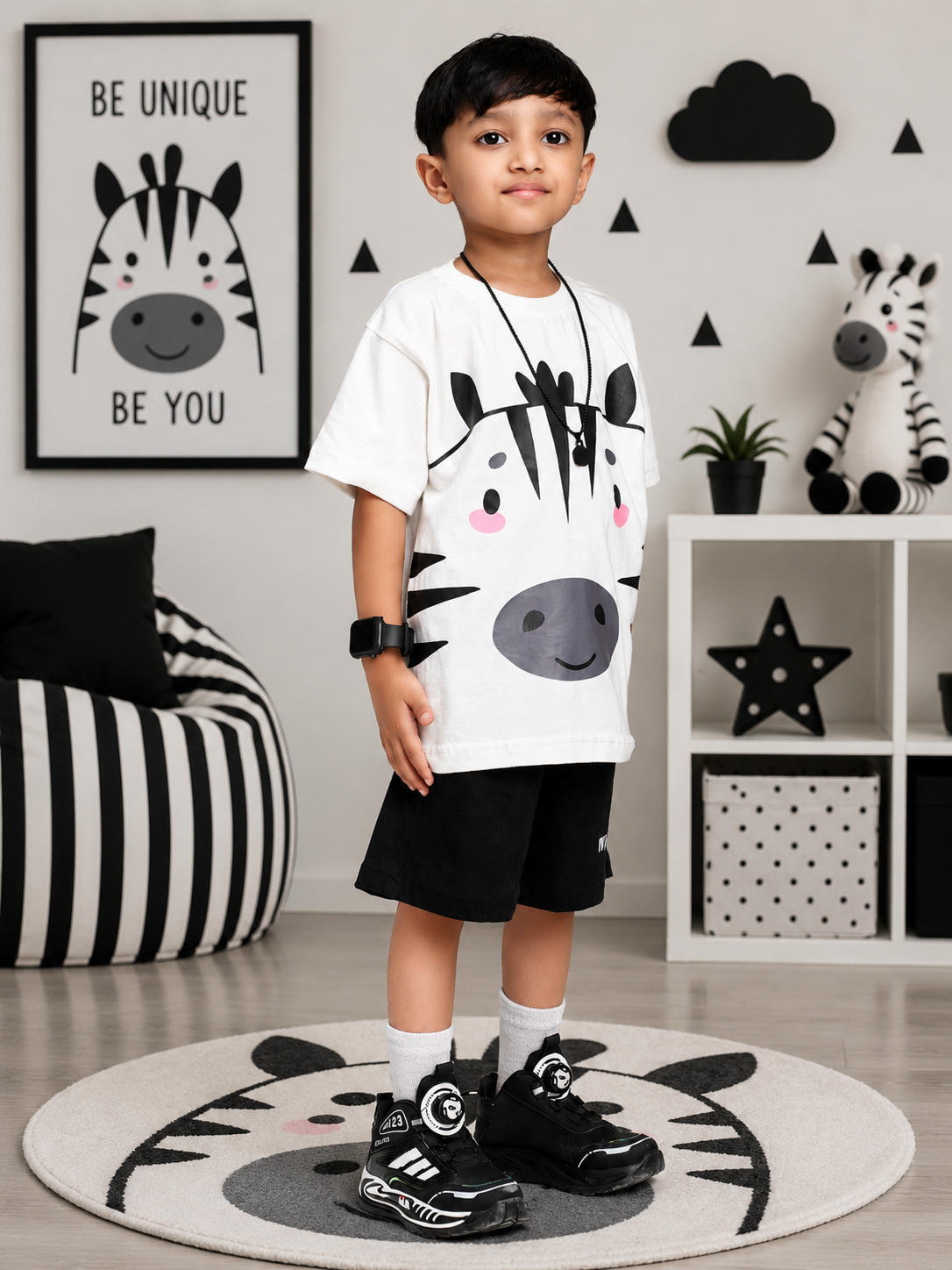 ZIPPY ZEBRA GRAPHIC CO-ORD SET FOR BOYS GIRLS WHITE BLACK