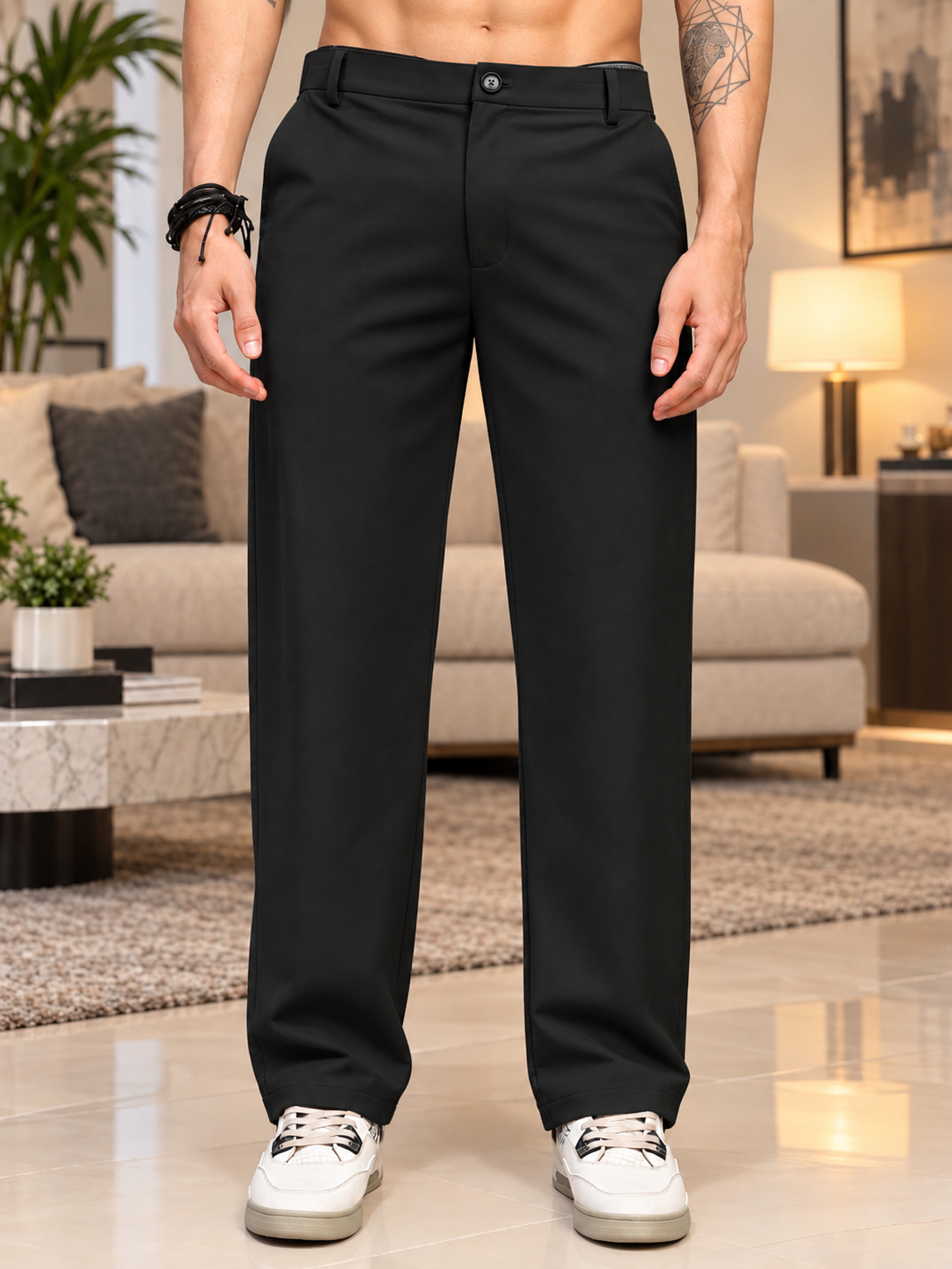 COMFORTABLE STRAIGHT CASUAL PANTS BLACK