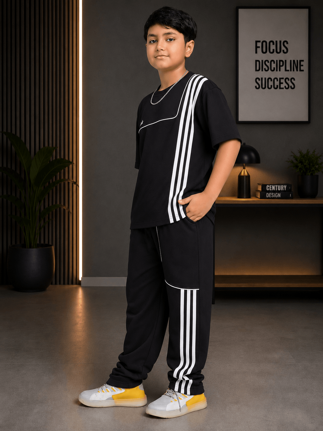 YOUTH CONTREST PIPING JOGGER FOR BOYS GIRLS OLIVE GREEN worn by a boy in sporty black outfit with contrast stripes.