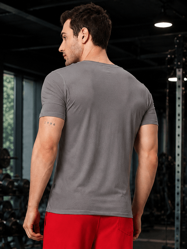 A man wearing a RICKY REGULAR FIT T-SHIRT GREY, viewed from the back, showcasing its clean design and fit.