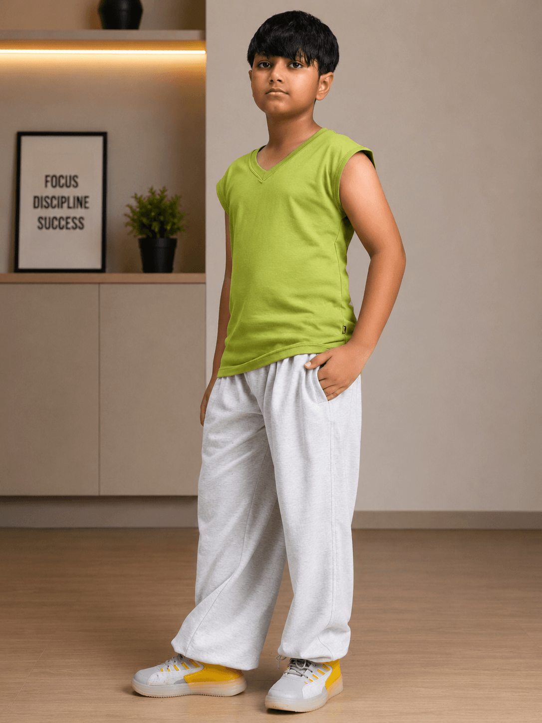 LEVELUP GAMER T-SHIRT FOR BOYS GIRLS GREEN worn by a boy in vibrant green shirt, paired with grey sweatpants.