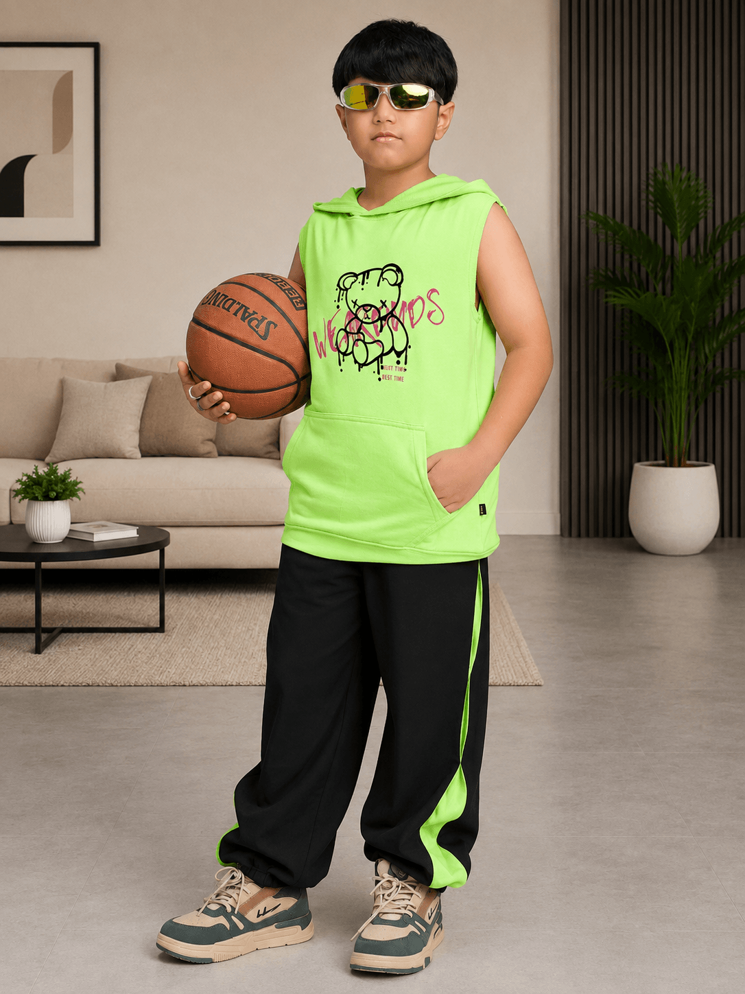 CYBER LIME GRAPHIC HOODED CO-ORD BOYS GIRLS NEON GREEN BLACK
