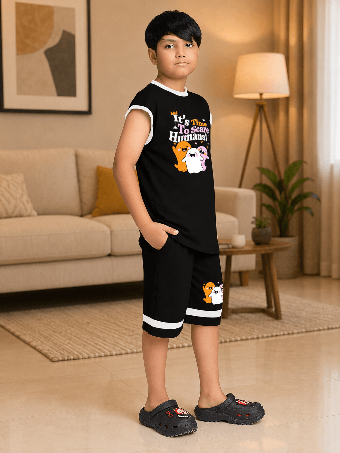 HALLOWEEN GRAPHIC PRINT CO-ORD FOR BOYS GIRLS BLACK worn by a boy standing in a cozy living room.