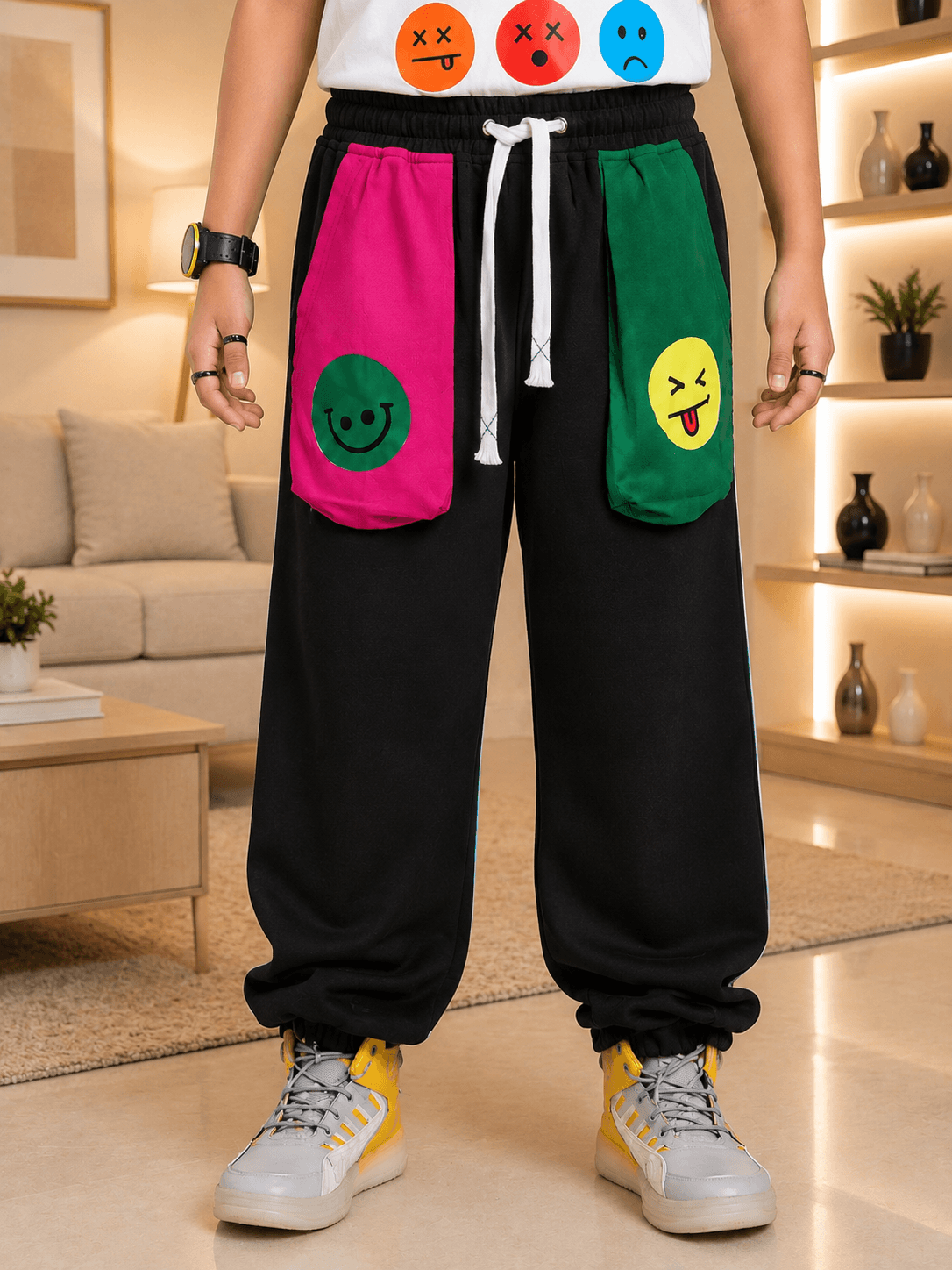 EMOJI VIBES JOGGER FOR BOYS GIRLS BLACK with playful emoji pockets in a stylish living room setting.