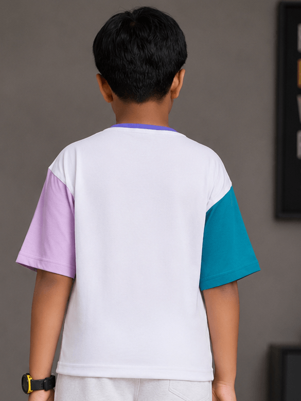 CHILL T-SHIRT FOR BOYS GIRLS WHITE MULTI back view showcasing colorful sleeves on a trendy kids' T-shirt.