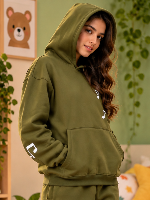 WEARDUDS WOMEN FLEECE MUSIC GRAPHIC HOODIE OLIVE GREEN