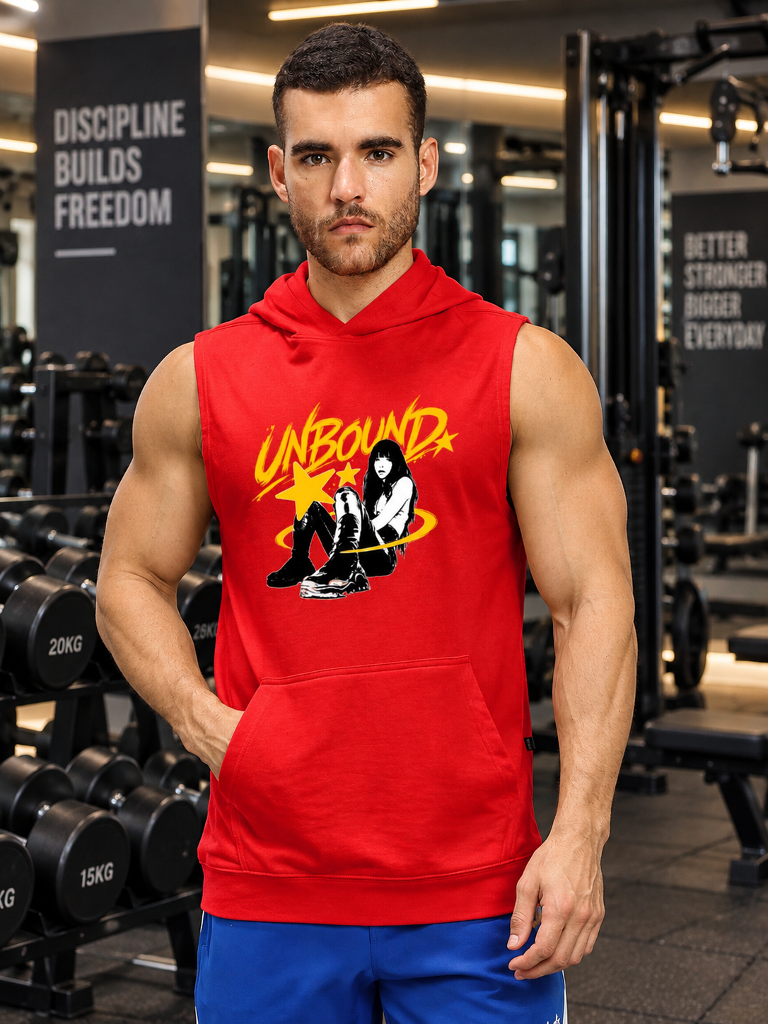 GRAPHIC GYM SLEEVELESS HOODED T-SHIRT RED