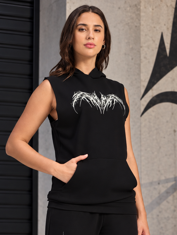 WOMEN PHANTOM SLEEVELESS HOODED T-SHIRT BLACK
