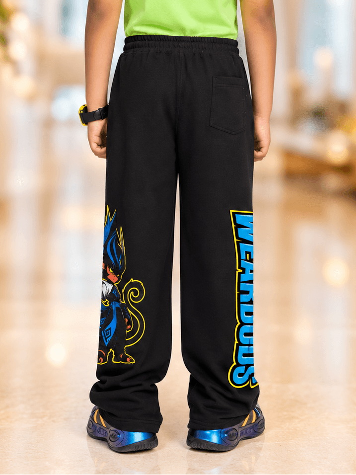 ELECTRIC WARRIOR JOGGER FOR BOYS GIRLS BLACK view from behind showing design and fit on a child.