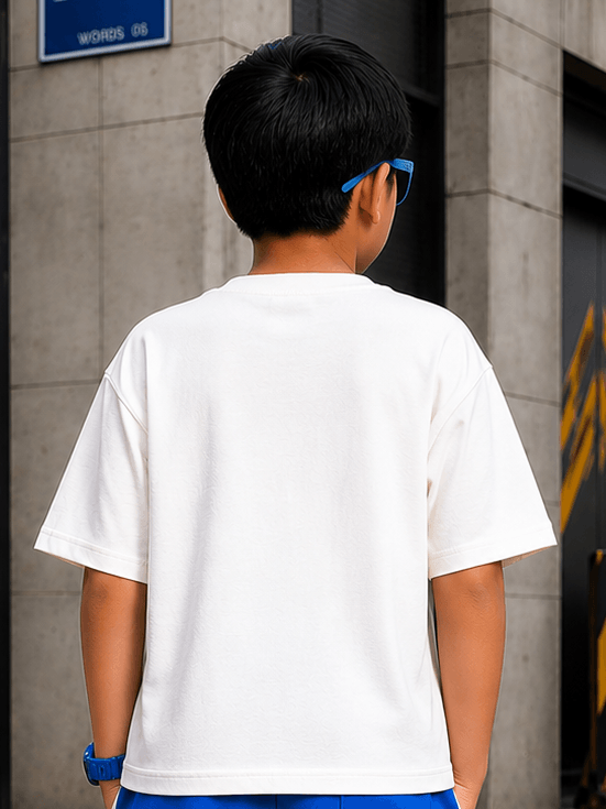 A child wearing an ELECTRIC FLEX T-SHIRT FOR BOYS GIRLS WHITE BLUE, showcasing its stylish back view.