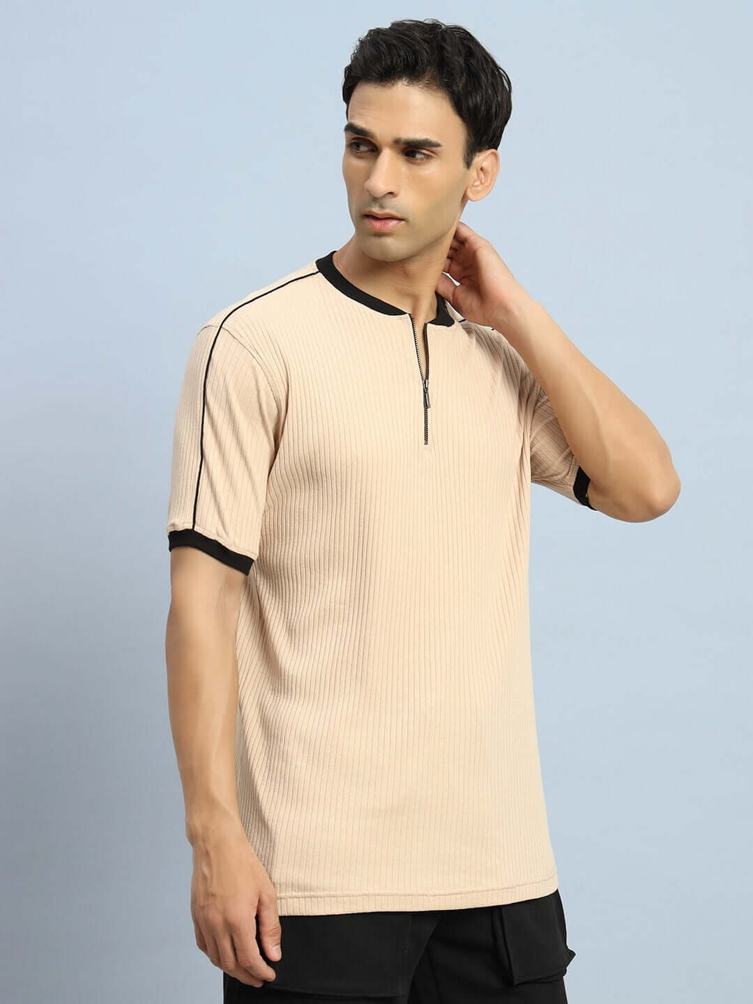 Model wearing beige Filipino zipper regular fit T-shirt, half sleeves, premium heavy gauge fabric, 100% cotton, comfortable fit.