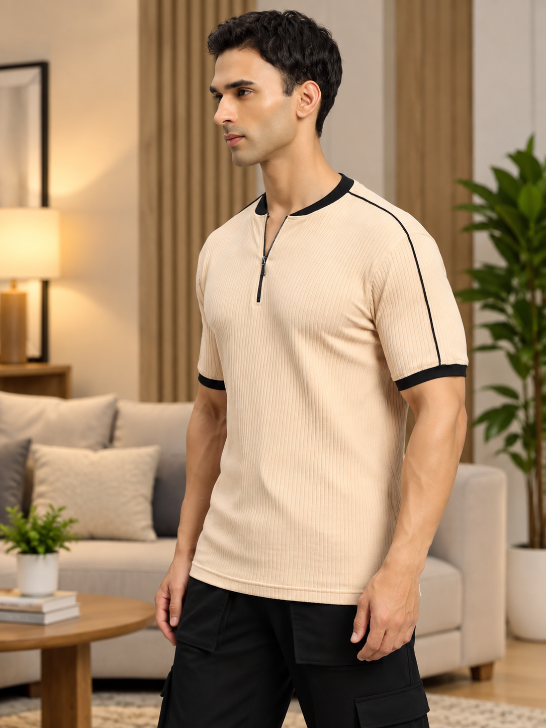 FILIPINO ZIPPER REGULAR FIT T-SHIRT BEIGE