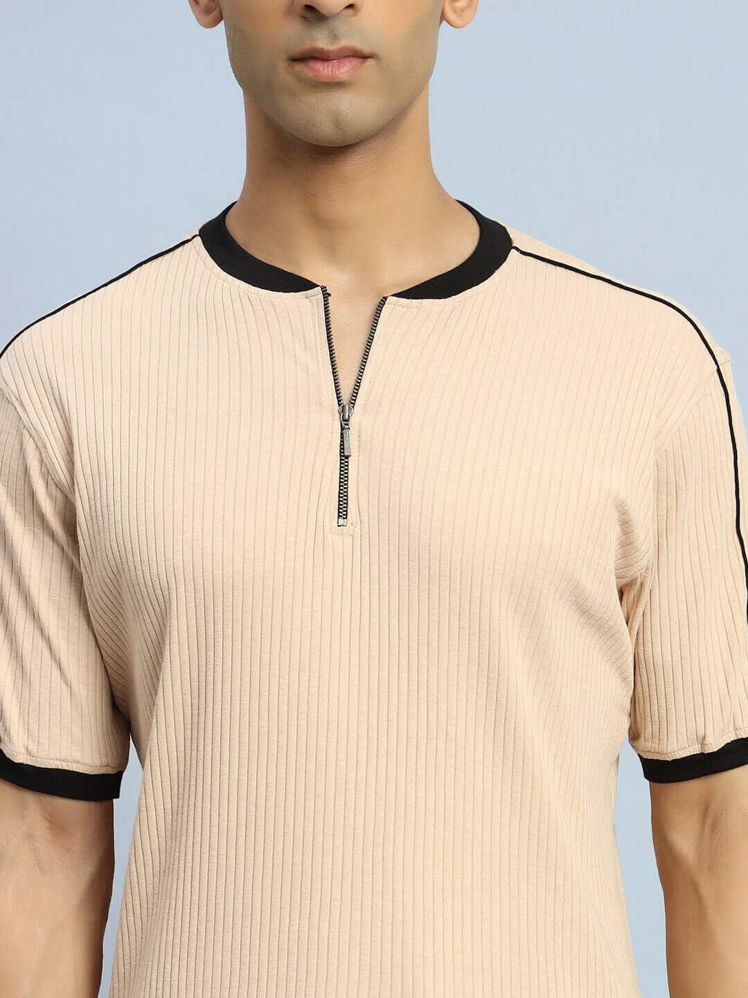 Beige Filipino zipper regular fit T-shirt on model, premium 100% cotton, half sleeves, ideal for comfort and casual wear, India.