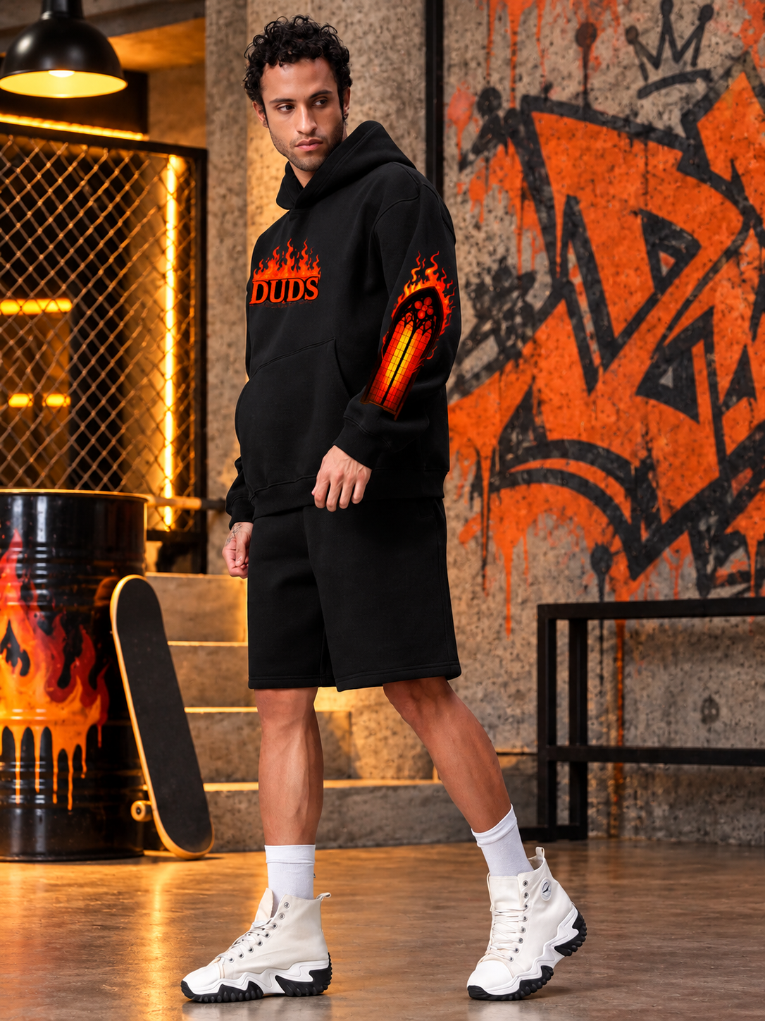 FIRE NEVER KILLS THE LIGHT FLEECE CO-ORD BLACK streetwear hoodie and shorts set with flame graffiti print