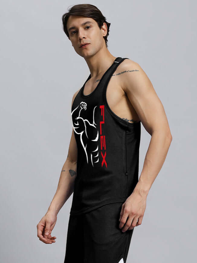 Man wearing FLEX GYM T-SHIRT SLEEVELESS BLACK with muscle graphic, showcasing fitness apparel for workouts.