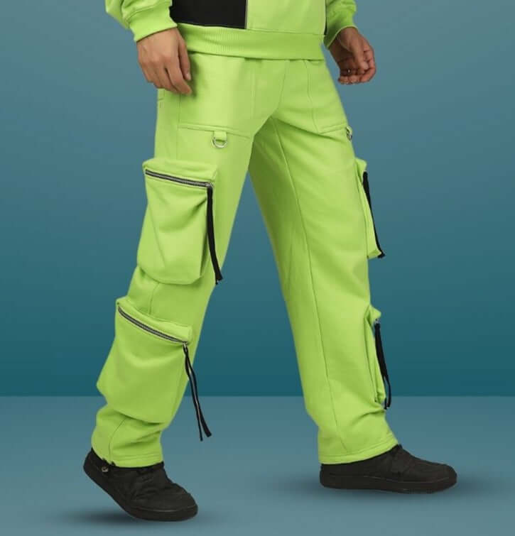 Neon green fluorescent multi-pocket cargo pants, versatile and stylish for outdoor and urban wear