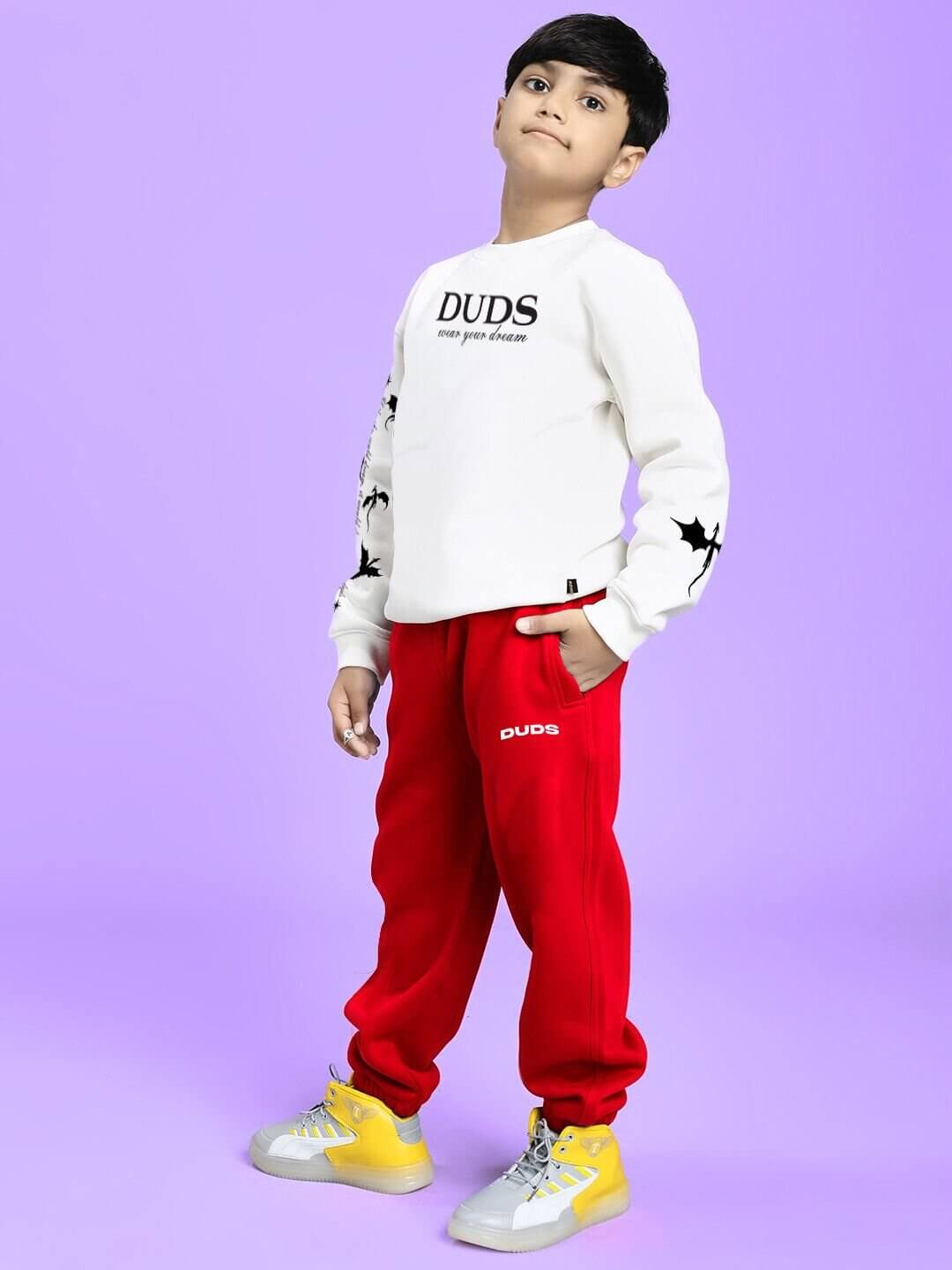FLY OR DIE DRAGON FLEECE CO-ORD FOR BOYS AND GIRLS WHITE RED, featuring bold graphics and comfortable fit for stylish kids.