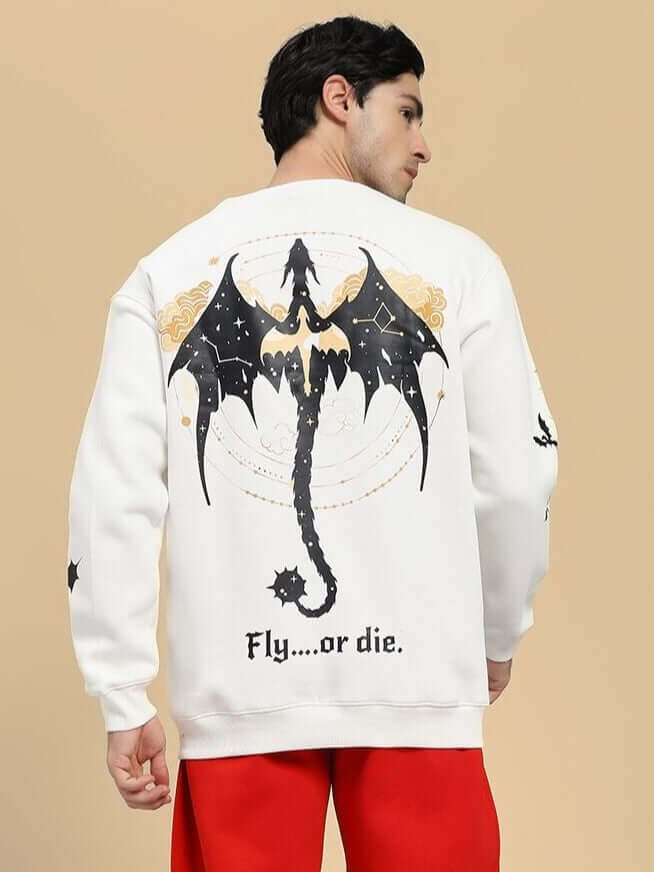 Man wearing FLY OR DIE DRAGON PRINT FLEECE SWEATSHIRT OFF WHITE showcasing dragon design on back