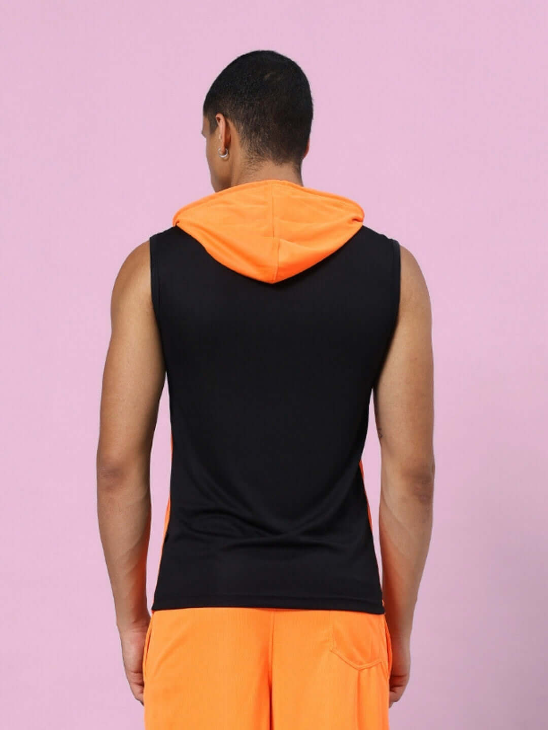 Back view of FRANKY GYM T-SHIRT ORANGE BLACK with sleeveless design, ideal for workouts and custom fit available for prepaid orders.