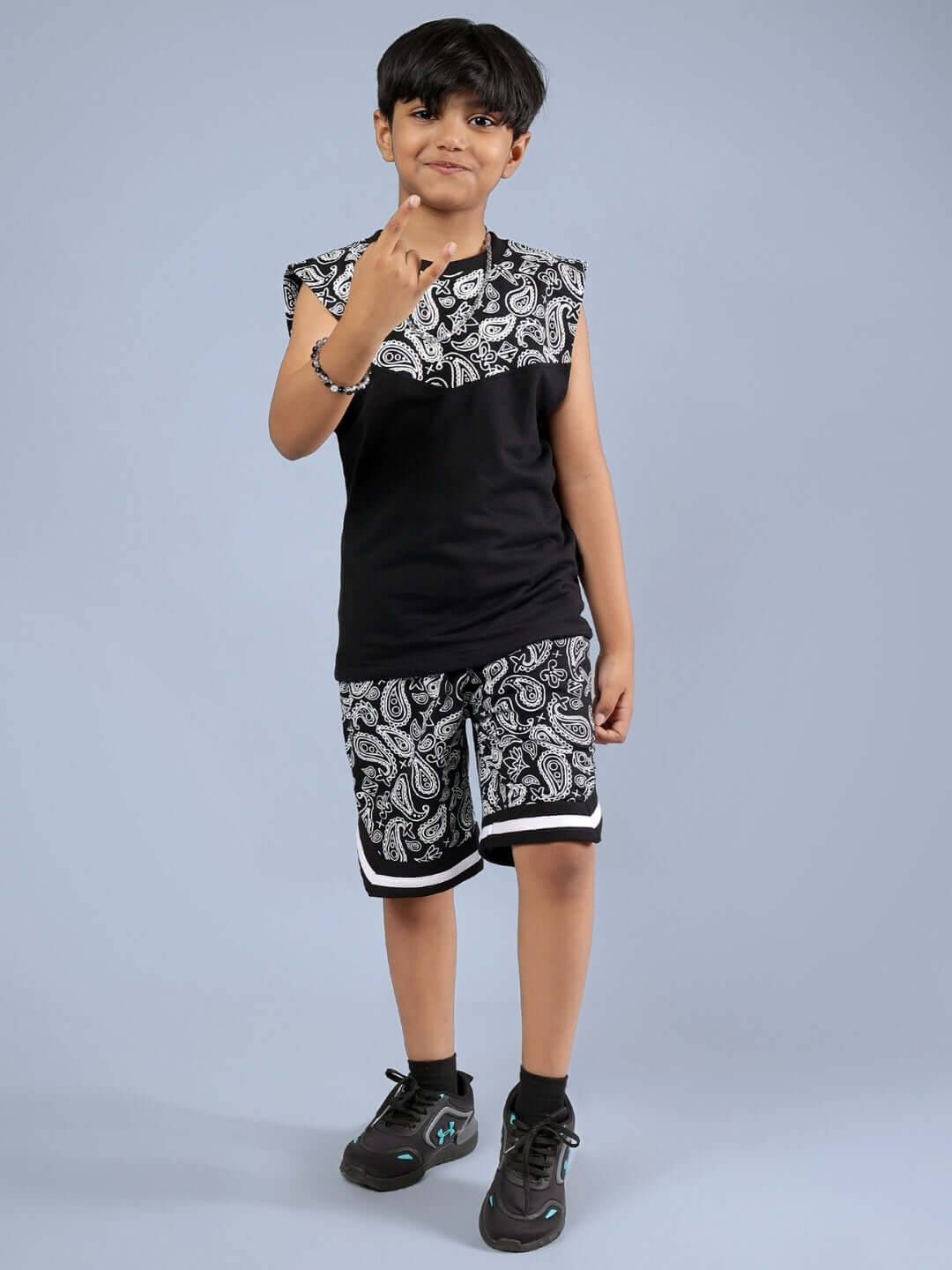 Child wearing FREESTYLER CO-ORD FOR BOYS & GIRLS BLACK outfit featuring paisley design.