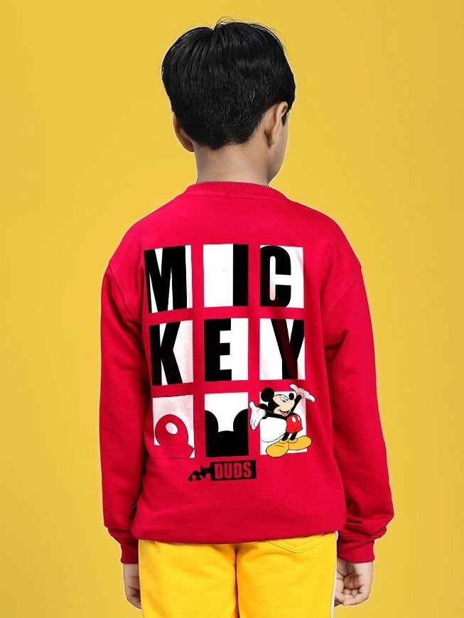 Boy wearing FRIENDS CREW PRINT SWEATSHIRT FOR BOYS GIRLS RED with Mickey Mouse design.