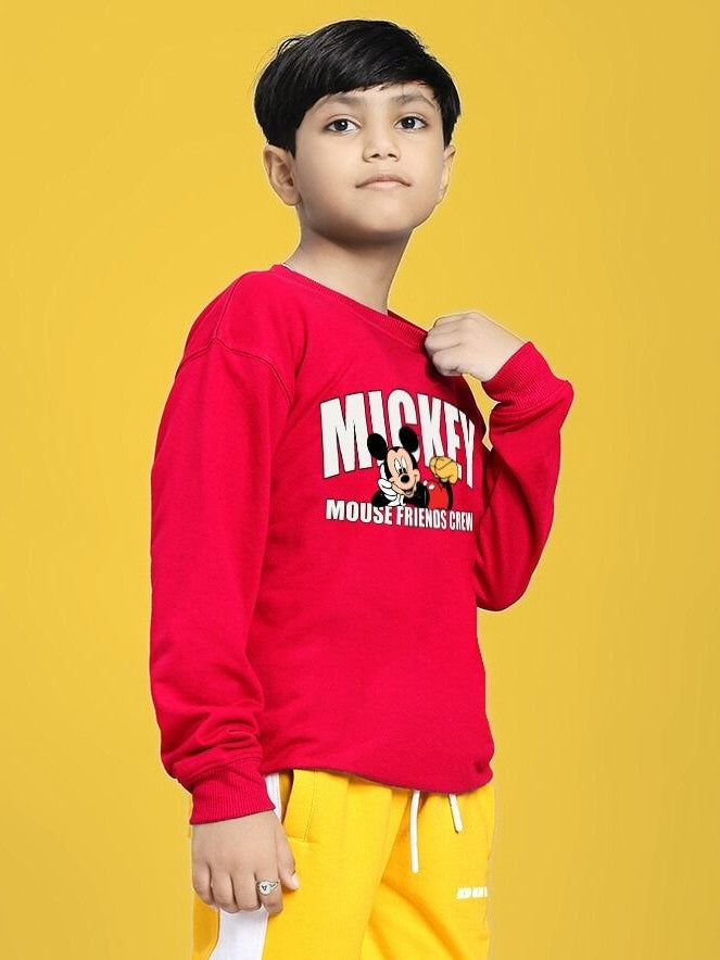 FRIENDS CREW PRINT SWEATSHIRT FOR BOYS GIRLS RED modeled by child on yellow backdrop