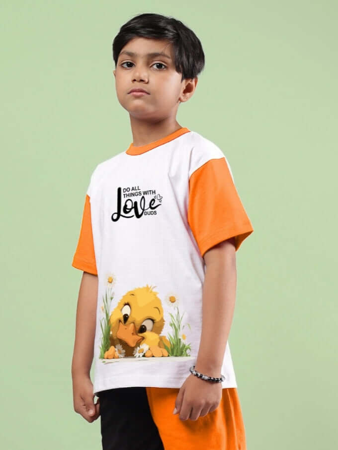 FRIENDSHIP BUCKET T-SHIRT FOR BOYS & GIRLS WHITE-ORANGE with cute design and orange sleeves