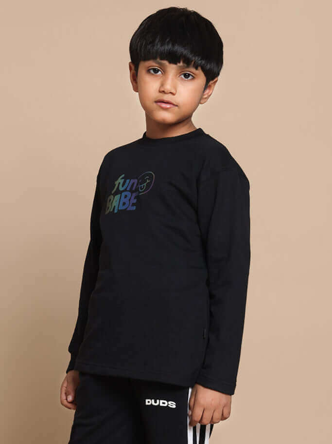 Child wearing black "FUN BABE" co-ord set by DUDS, suited for both boys and girls. Custom fit option available, made to order.
