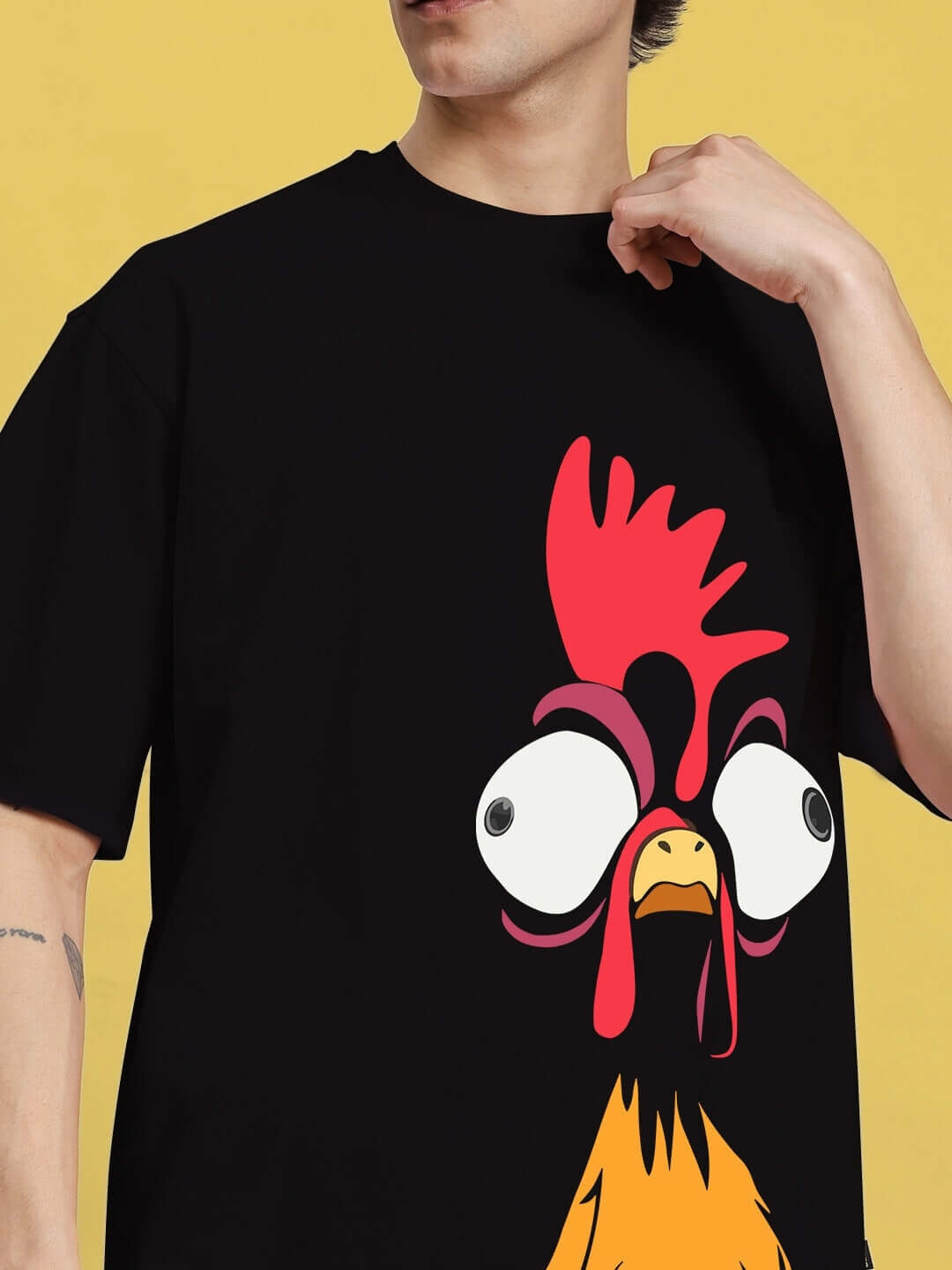 Funny Chicken Printed Oversized T-Shirt Black with quirky chicken graphic design on a sleek black background.