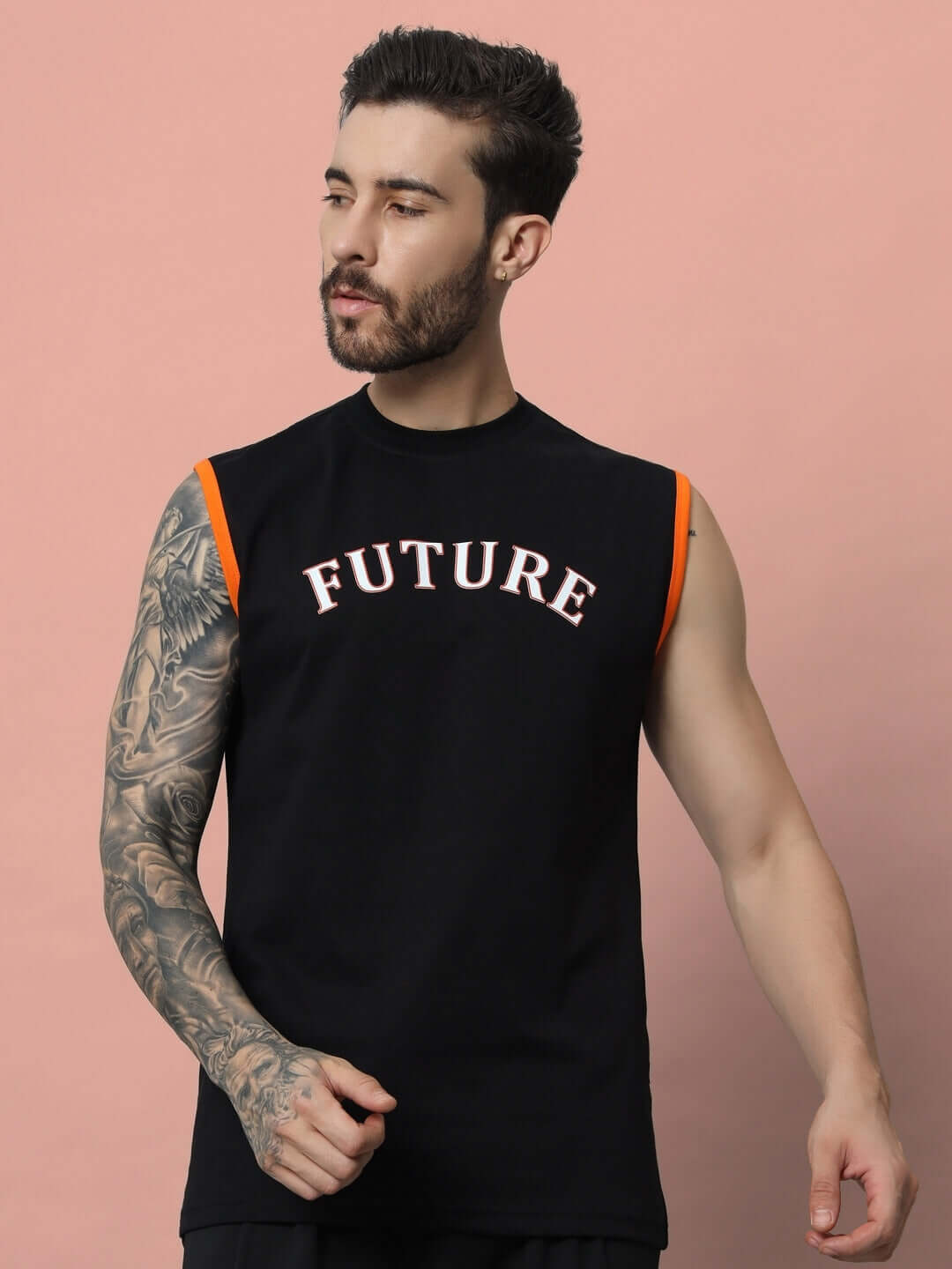 Model wearing black FUTURE GYM T-shirt with sleeveless design, customizable fit available for prepaid orders.