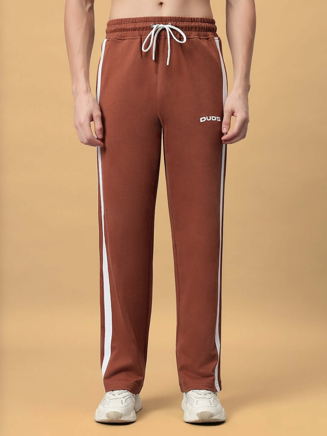 Brown FUTURE ICON 2 Stripe Jogger by DUDS, shown front view, featuring white stripes and drawstring waist, perfect for casual wear.