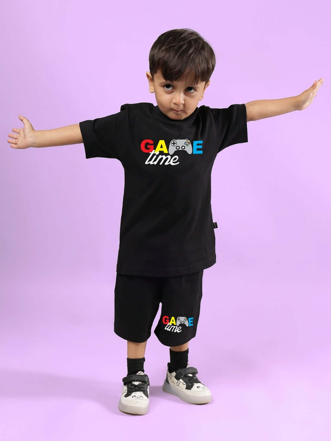 GAME FINISHER CO-ORD FOR BOYS & GIRLS BLACK - Stylish black attire for kids featuring game controller design.