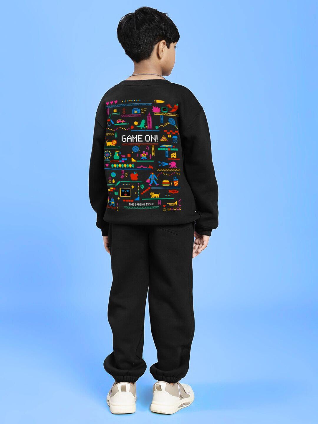 GAME ON PRINT FLEECE CO-ORD FOR BOYS AND GIRLS BLACK outfit with playful graphics, perfect for stylish and active kids.