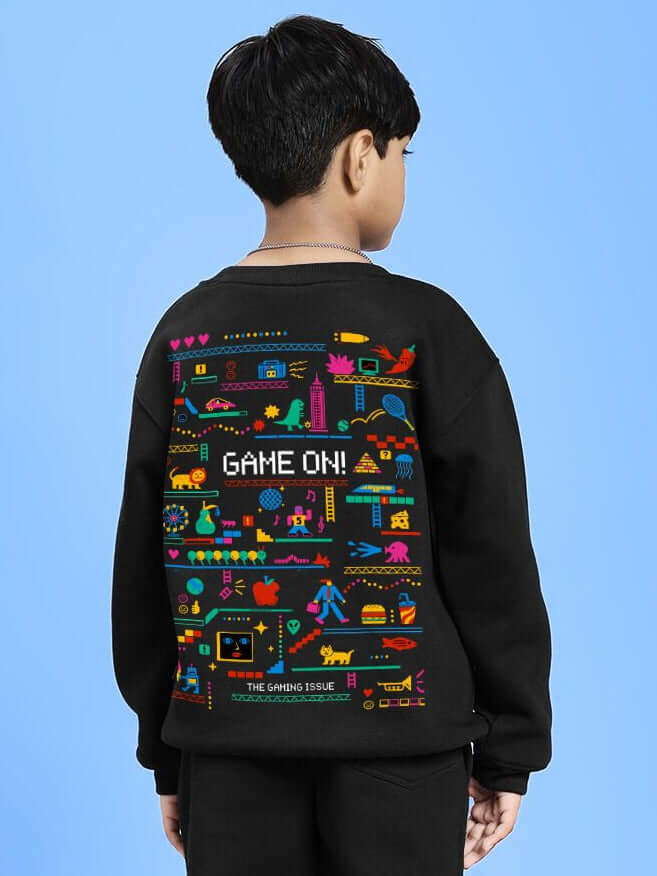 GAME ON PRINT FLEECE SWEATSHIRT FOR BOYS GIRLS BLACK with colorful gaming graphic on back.