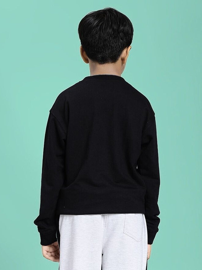 Back view of child wearing GAMEING REX PRINT SWEATSHIRT FOR BOYS GIRLS BLACK.