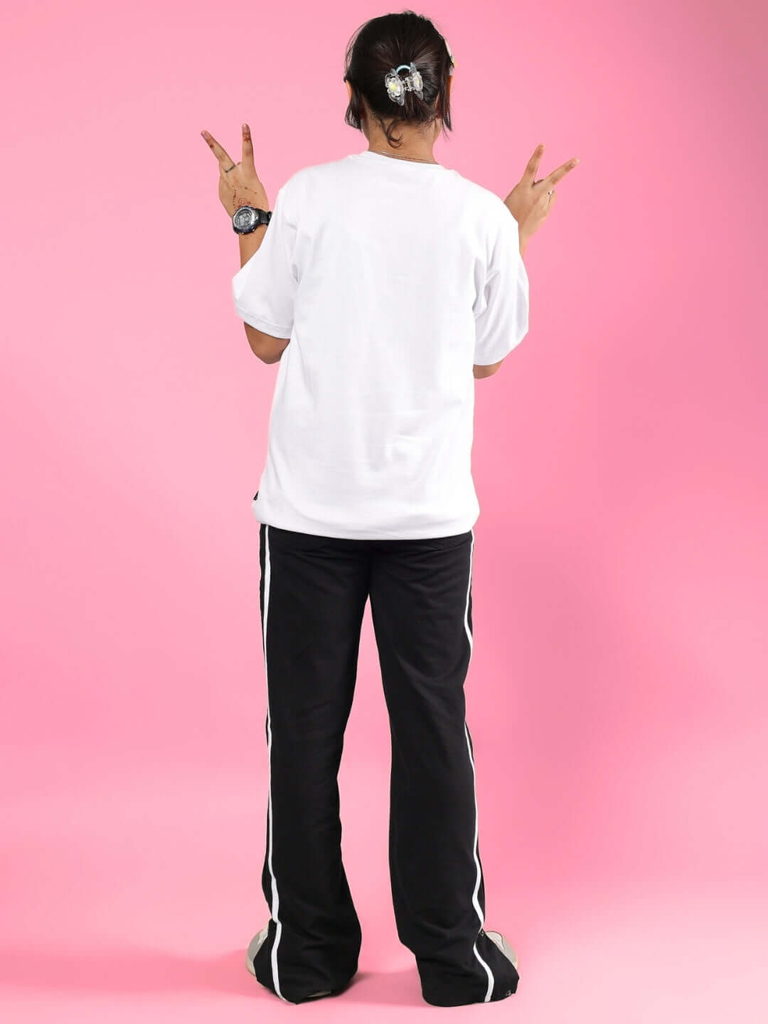 GIXXER CO-ORD FOR BOYS & GIRLS WHITE-BLACK outfit shown from back against pink background