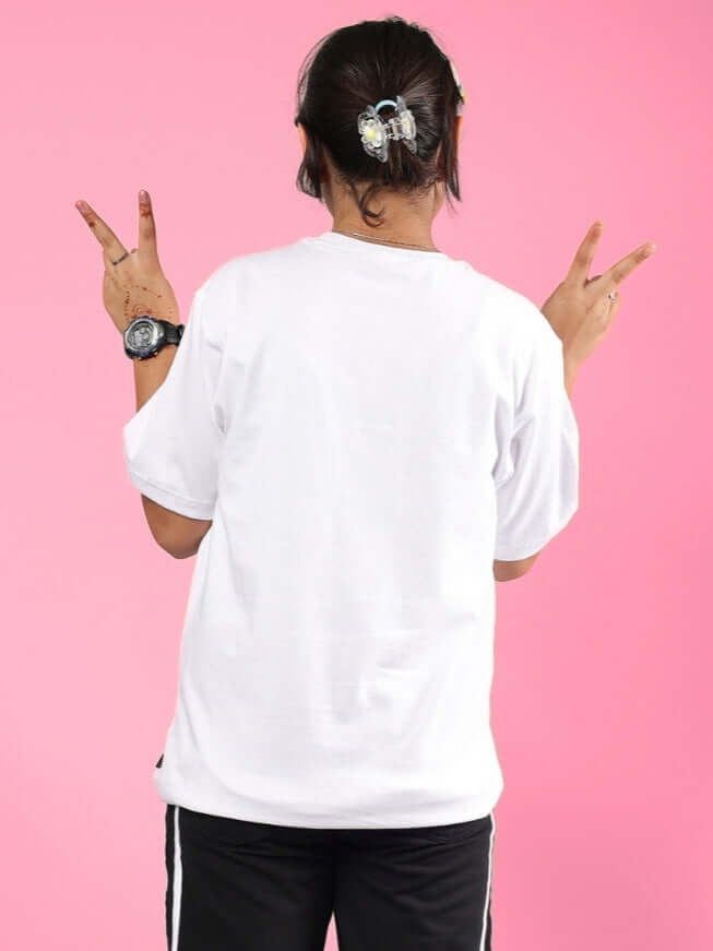 Child wearing GIXXER T-SHIRT FOR BOYS GIRLS WHITE showing back with peace signs