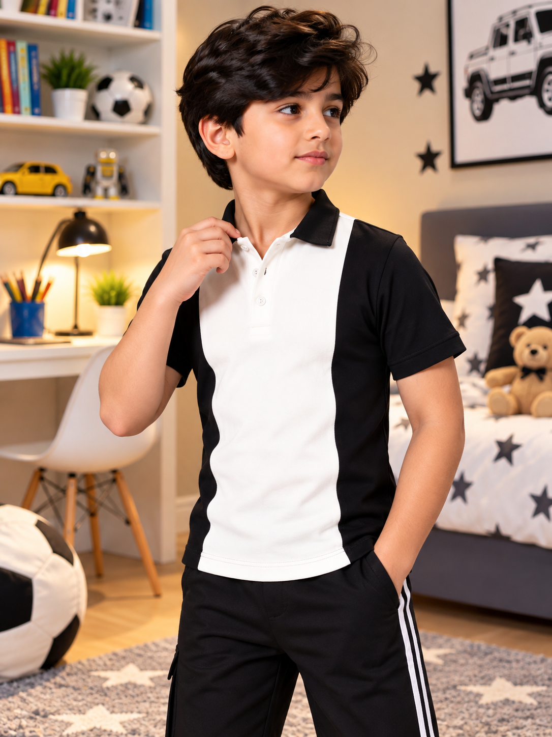Black and off white polo t-shirt for kids with contrast panel design, worn by boy in bedroom