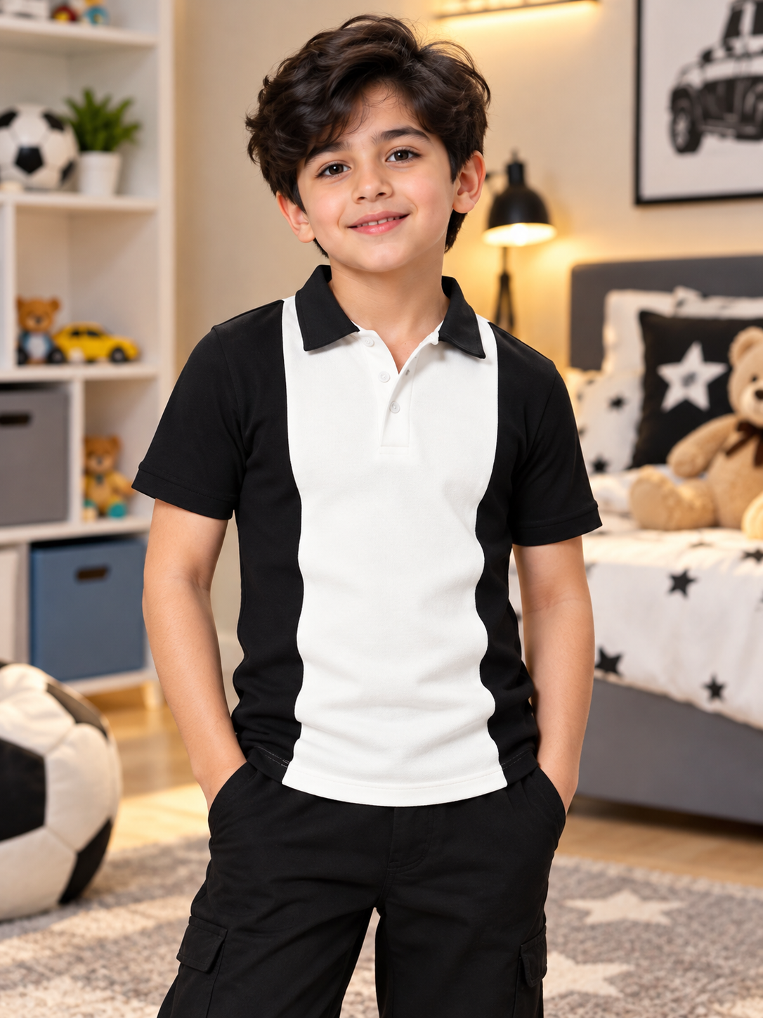 Boy wearing black and off white polo t-shirt for kids with contrast panel design in bedroom