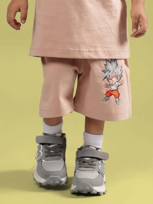 GOHAN SHORTS FOR BOYS & GIRLS BEIGE featuring cartoon character on front, perfect for casual wear, customizable size available for preorders.