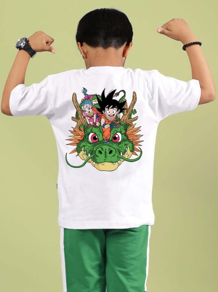 Child wearing GOKU AND BULMA PRINTED T-SHIRT FOR BOYS GIRLS WHITE featuring Dragon Ball Z characters.