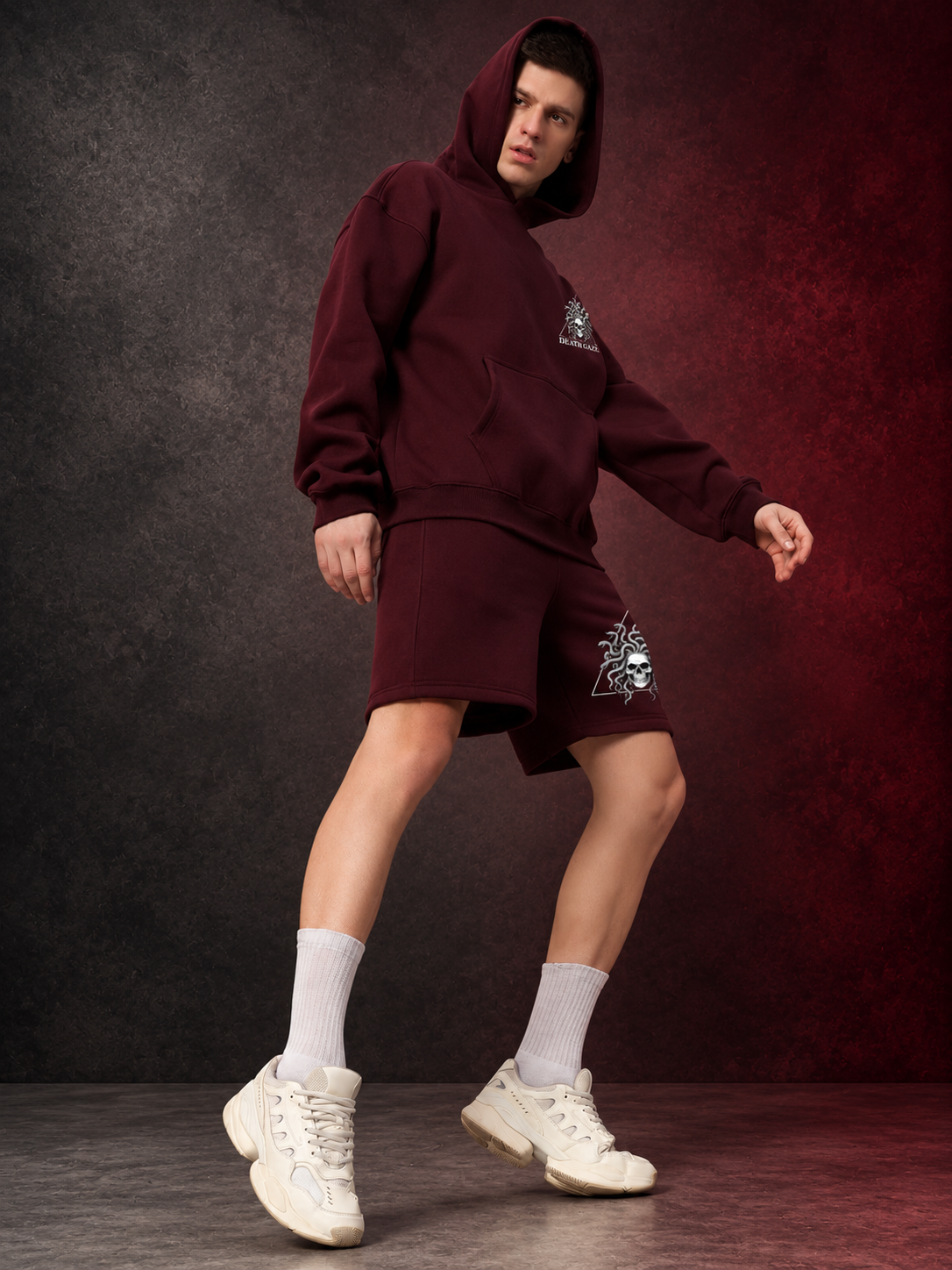GORGON SKULL PRINTED FLEECE CO-ORD SET WINE hoodie and shorts streetwear outfit for men